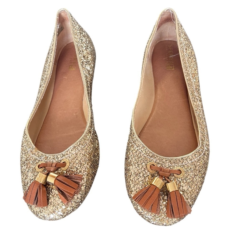 Sperry Topsider Sparkly Gold Ballet Flats Glitter Tassle Leather Size 7.5